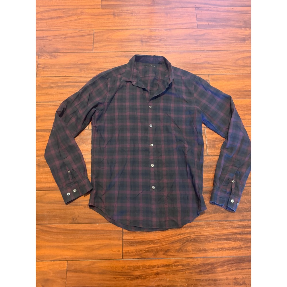 Theory Mens Purple Black Buffalo Plaid Cotton Button Down Shirt Small